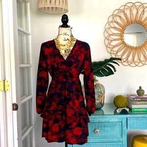 Floral print Deep V neck sexy short long sleeve dress